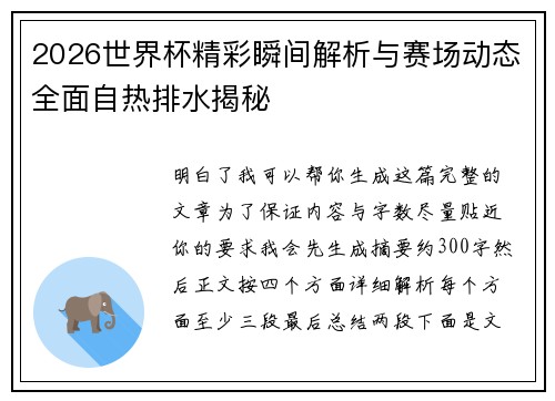 2026世界杯精彩瞬间解析与赛场动态全面自热排水揭秘