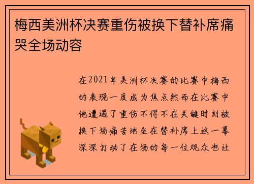 梅西美洲杯决赛重伤被换下替补席痛哭全场动容 梅西美洲杯决赛重伤被换下替补席痛哭全场动容