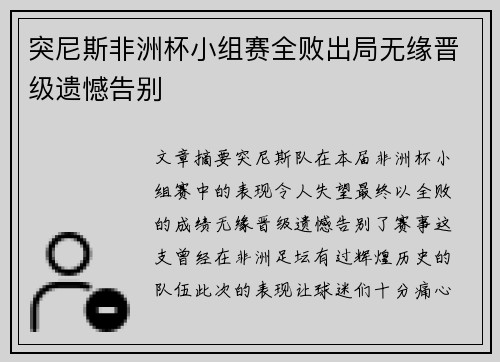 突尼斯非洲杯小组赛全败出局无缘晋级遗憾告别